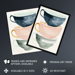 "Artery8 Three Stacked Tea Cups Bright Boho Watercolour Framed Wall Art - Size: W12"" x H16""" - thumbnail 2