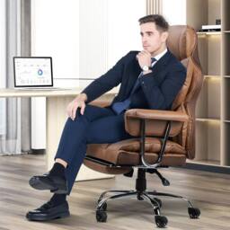 Gartistgo Ergonomic High Back Leather Office Chair with Footrest & Recline in Brown - thumbnail 2