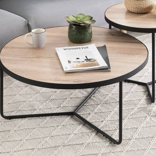 Wyld and Coco Round Coffee Table 80 cm Walnut Finish Black Metal Legs in Brown - image 1