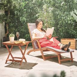 VonHaus Set of 2 Hudson Wooden Folding Garden Sun Lounger with Cushion in Natural - thumbnail 2