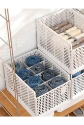 Living and Home Plastic Compartments Stackable Clothes Storage Basket Wardrobe Drawer Organizer in Off-White - thumbnail 7
