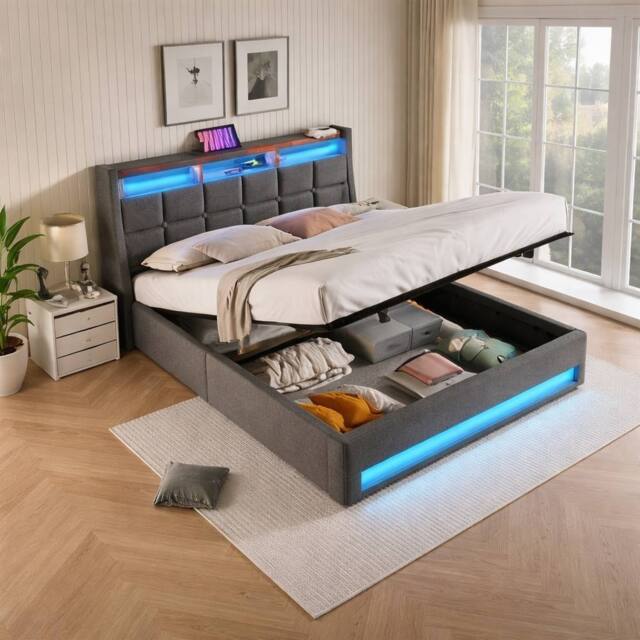 STILVORA Upholstered Bed 180 x 200 cm with LED & USB Charging in Grey - Size: Super King - image 1