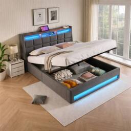 STILVORA Upholstered Bed 180 x 200 cm with LED & USB Charging in Grey - Size: Super King