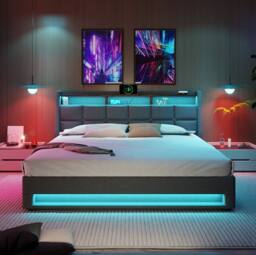 STILVORA Upholstered Bed 180 x 200 cm with LED & USB Charging in Grey - Size: Super King - thumbnail 2