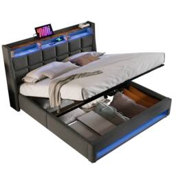 STILVORA Upholstered Bed 180 x 200 cm with LED & USB Charging in Grey - Size: Super King - thumbnail 5