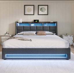 STILVORA Upholstered Bed 180 x 200 cm with LED & USB Charging in Grey - Size: Super King - thumbnail 3