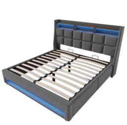 STILVORA Upholstered Bed 180 x 200 cm with LED & USB Charging in Grey - Size: Super King - thumbnail 6