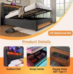 STILVORA Upholstered Bed 180 x 200 cm with LED & USB Charging in Grey - Size: Super King - thumbnail 7