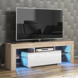 Mex Furniture LTD TV Unit Floe 130cm - Oak & White Gloss Doors & LED Lights
