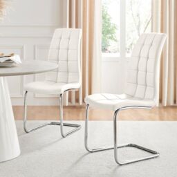 FurnitureboxUK Set of 2 Murano Deep Cushioned Soft Touch Faux Leather Dining Chairs With Silver Chrome Metal Legs in White