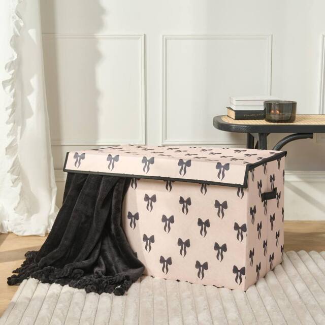 OHS Bows Foldable Fabric Storage Box Toy Organiser with Lid in White - image 1