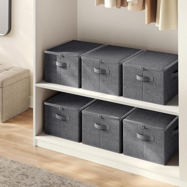 SONGMICS Set of 6 Foldable Storage Bins Boxes with Lids Handles Organizer in Dark Grey - image 1