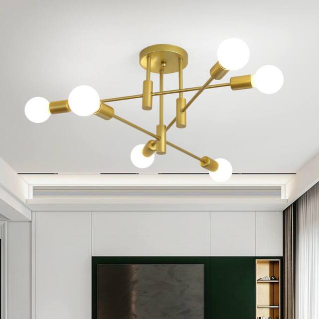 NIVOR 6 light Industrial Chandelier Mid Century Flush Mount Ceiling E27 in Metallic Gold - image 1