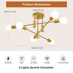 NIVOR 6 light Industrial Chandelier Mid Century Flush Mount Ceiling E27 in Metallic Gold - thumbnail 2
