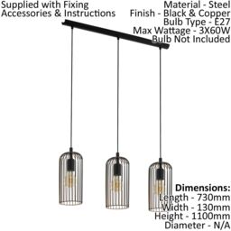 Loops Hanging Ceiling Pendant Light Black & Copper Cage 3x E27 Bulb Kitchen Island - thumbnail 2