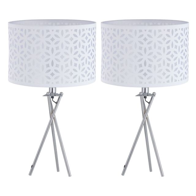 First Choice Lighting Set of 2 Chrome Tripod Table Lamps with White Laser Cut Shades in Silver - image 1