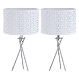 First Choice Lighting Set of 2 Chrome Tripod Table Lamps with White Laser Cut Shades in Silver