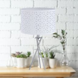 First Choice Lighting Set of 2 Chrome Tripod Table Lamps with White Laser Cut Shades in Silver - thumbnail 4