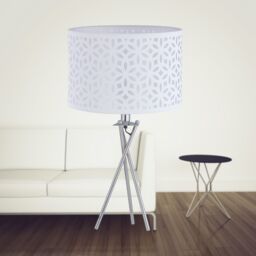 First Choice Lighting Set of 2 Chrome Tripod Table Lamps with White Laser Cut Shades in Silver - thumbnail 3