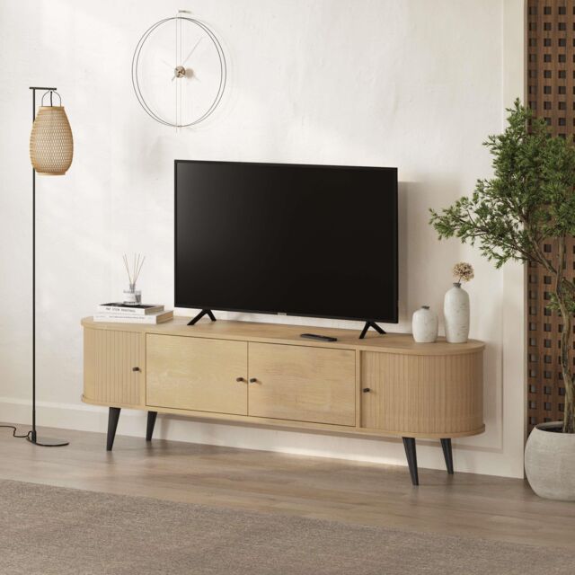 "Decortie Gentle Modern TV Stand with 2 Sliding Doors Storage Cabinet for 65"" TVs in Natural - Size: 2 Pack" - image 1