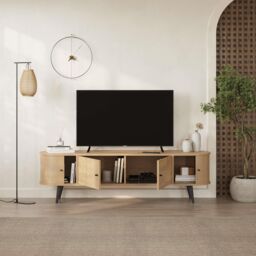 "Decortie Gentle Modern TV Stand with 2 Sliding Doors Storage Cabinet for 65"" TVs in Natural - Size: 2 Pack" - thumbnail 4