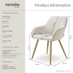 tectake Dining Chair Marilyn Per Piece - Cream/Gold in Cream - Size: 1 Pack - thumbnail 6