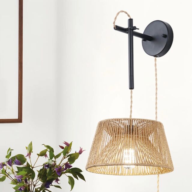 Garwarm Rattan Plug-in Swing Arm Sconce in Brown - image 1