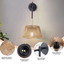 Garwarm Rattan Plug-in Swing Arm Sconce in Brown - thumbnail 6