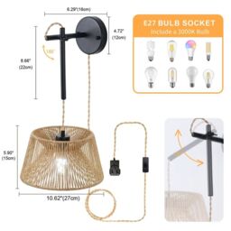 Garwarm Rattan Plug-in Swing Arm Sconce in Brown - thumbnail 2
