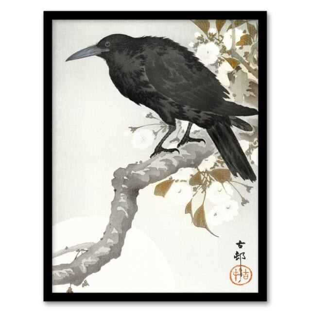 Artery8 A Crow & The Full Moon Vintage Japan Framed Wall Art Print Ohara Koson in Grey - Size: A4 - image 1