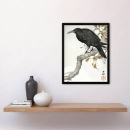Artery8 A Crow & The Full Moon Vintage Japan Framed Wall Art Print Ohara Koson in Grey - Size: A4 - thumbnail 4