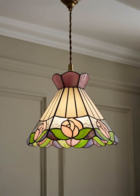 ValueLights Evelyn Tiffany Rose Glass Easy Fit Ceiling Light Lamp Shade with Bulb - image 1