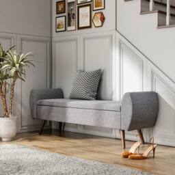 KORVIXA Grey Linen Fabric Upholstered Pouffe Storage Bench - Size: 100 cm x 100 cm - thumbnail 3