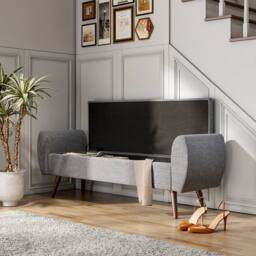 KORVIXA Grey Linen Fabric Upholstered Pouffe Storage Bench - Size: 100 cm x 100 cm - thumbnail 4