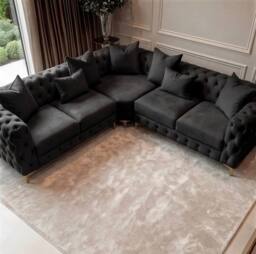 Sofaya Monaco Chesterfield 5 Seater Corner Sofa Couch Velvet Chaise in Black - Size: 220 cm x 70 cm - thumbnail 2