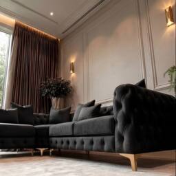 Sofaya Monaco Chesterfield 5 Seater Corner Sofa Couch Velvet Chaise in Black - Size: 220 cm x 70 cm - thumbnail 4