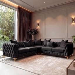 Sofaya Monaco Chesterfield 5 Seater Corner Sofa Couch Velvet Chaise in Black - Size: 220 cm x 70 cm - thumbnail 1