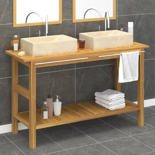 Berkfield Home Bathroom Vanity Cabinet with Cream Marble Sinks Solid Wood Teak in Beige - image 1