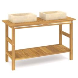 Berkfield Home Bathroom Vanity Cabinet with Cream Marble Sinks Solid Wood Teak in Beige - thumbnail 2