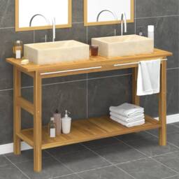 Berkfield Home Bathroom Vanity Cabinet with Cream Marble Sinks Solid Wood Teak in Beige - thumbnail 1