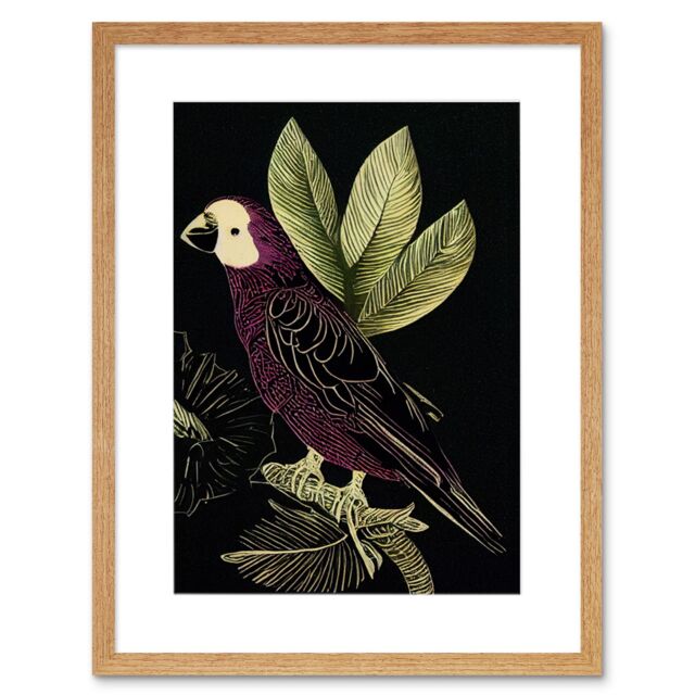 "Artery8 Wall Art Print Burgundy Parrot Leaves Tree Branch on Black Vintage Linocut Artwork Framed 9X7 Inch in Beige - Size: W7"" x H9""" - image 1
