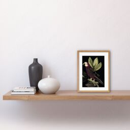 "Artery8 Wall Art Print Burgundy Parrot Leaves Tree Branch on Black Vintage Linocut Artwork Framed 9X7 Inch in Beige - Size: W7"" x H9""" - thumbnail 2