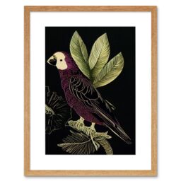 "Artery8 Wall Art Print Burgundy Parrot Leaves Tree Branch on Black Vintage Linocut Artwork Framed 9X7 Inch in Beige - Size: W7"" x H9""" - thumbnail 1