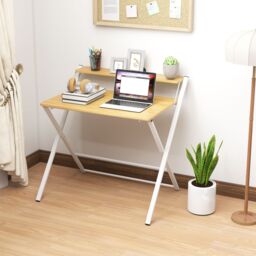 HOMCOM Folding Desk with 2-Tier Shelf for Home Office, Maple Wood-effect in Natural - thumbnail 1