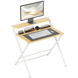 HOMCOM Folding Desk with 2-Tier Shelf for Home Office, Maple Wood-effect in Natural - thumbnail 2