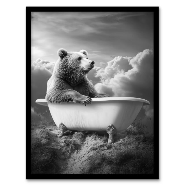 "Artery8 Grizzly Bear Mountain Bathtub Black White Surreal Framed Art Print in Grey - Size: W12"" x H16""" - image 1