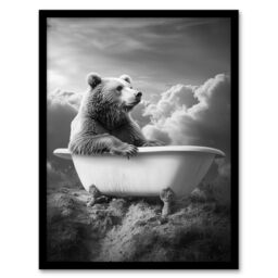"Artery8 Grizzly Bear Mountain Bathtub Black White Surreal Framed Art Print in Grey - Size: W12"" x H16""" - thumbnail 1