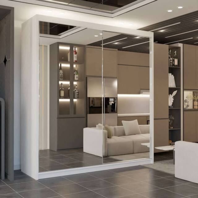 Sliding Wardrobes 4U Queen Double Full Mirror Sliding Door Wardrobe 200cm X 217cm in White - Size: 200 cm X 217 cm - image 1
