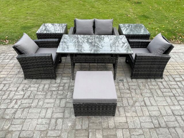 Fimous 5 Seater PE Wicker Outdoor Garden Furniture Set Patio Furniture Rattan Rectangular Dining Table in Dark Grey