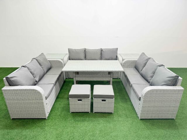 Fimous PE Rattan Lounge Sofa Set 11 Seater Outdoor Garden Furniture Set with Rectangular Dining Table 3 Seater Sofa 2 Stools 2 Side Table Light Grey - image 1
